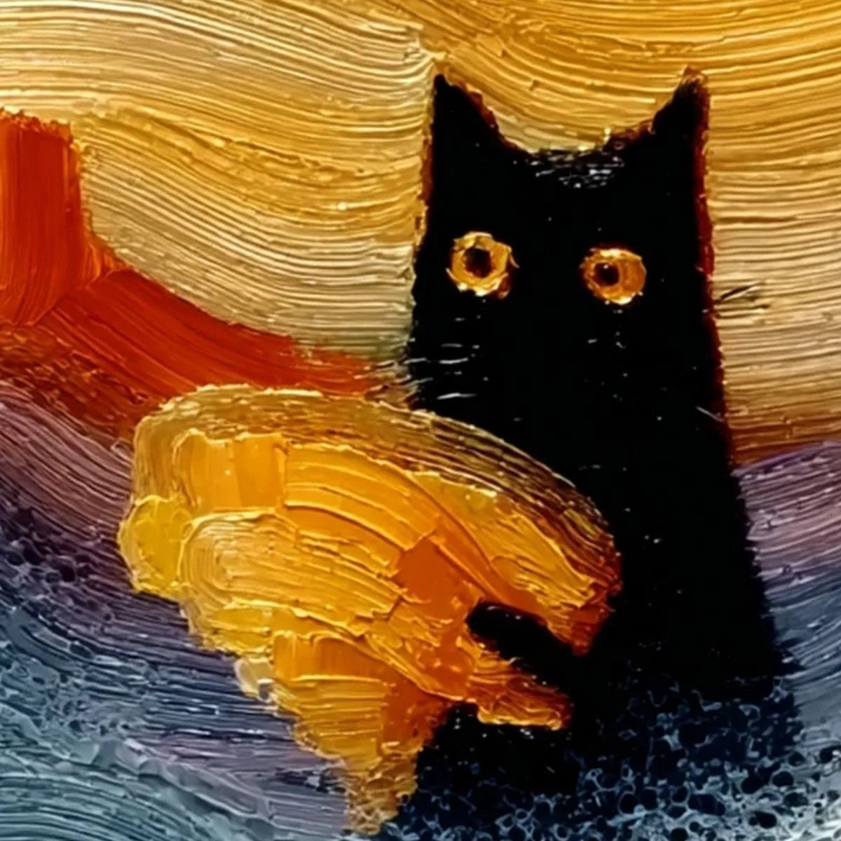 LUNAR THIEF: Whimsical Black Cat Impasto Texture Painting | rectangular format, hand-painted canvas edge