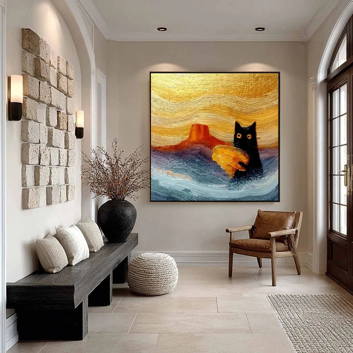 LUNAR THIEF: Whimsical Black Cat Impasto Texture Painting | gold frame stretched on neutral wall