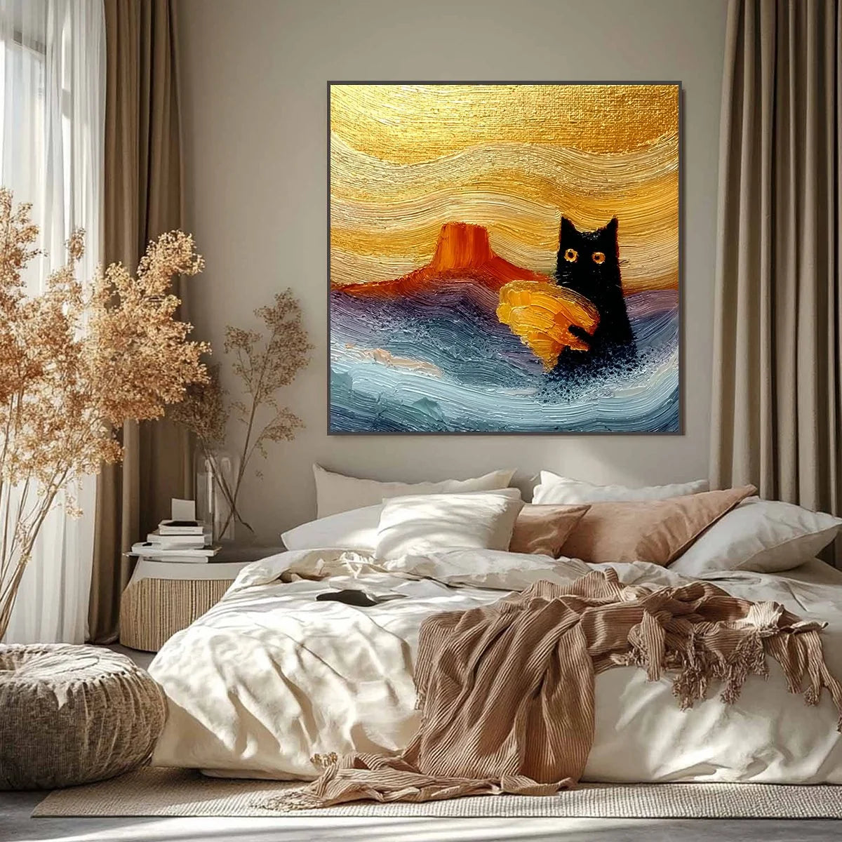 LUNAR THIEF: Whimsical Black Cat Impasto Texture Painting | black frame version on white wall