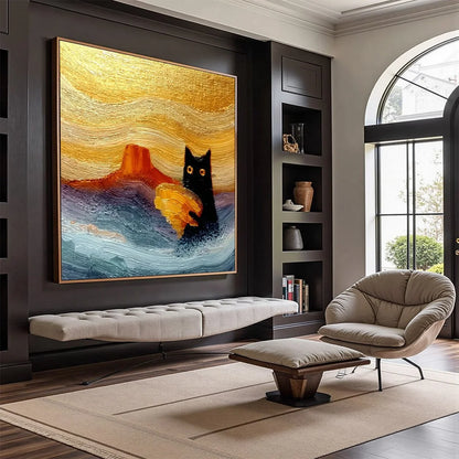 LUNAR THIEF: Whimsical Black Cat Impasto Texture Painting | Abstract mood, soft natural light studio shot