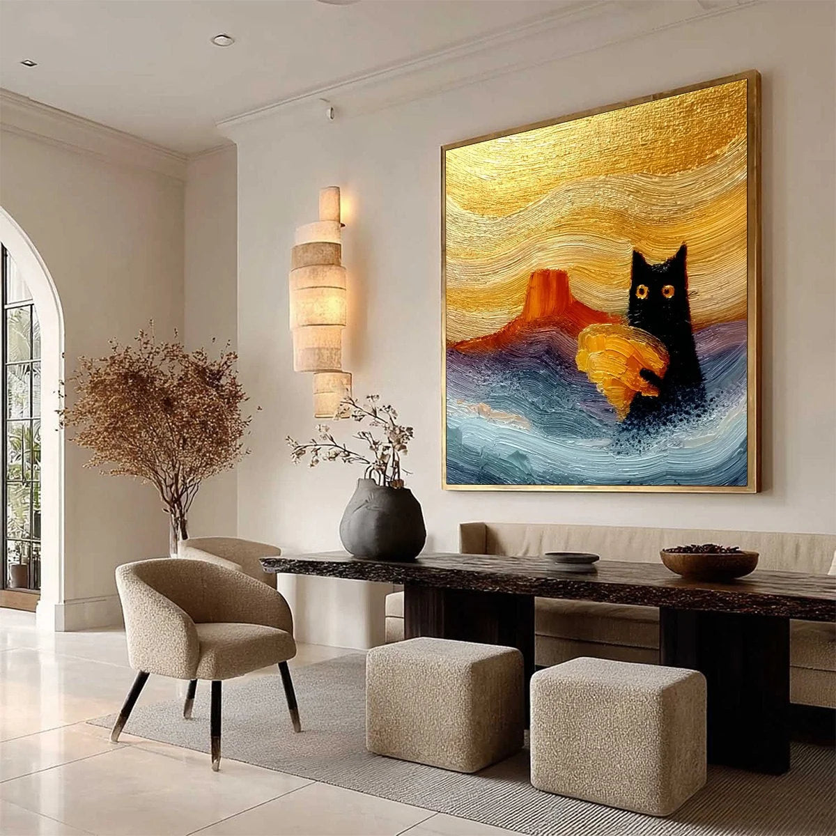 LUNAR THIEF: Whimsical Black Cat Impasto Texture Painting | multi-color palette, original oil on stretched canvas art