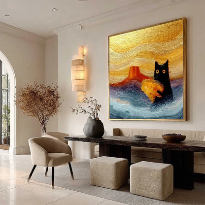 LUNAR THIEF: Whimsical Black Cat Impasto Texture Painting | multi-color palette, original oil on stretched canvas art
