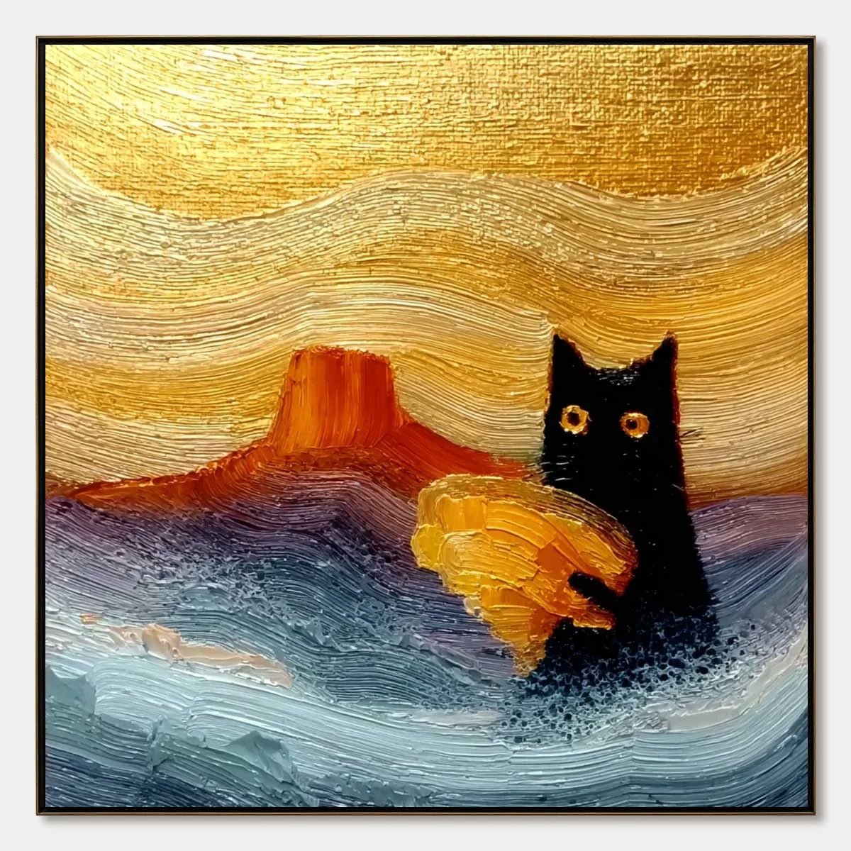 LUNAR THIEF: Whimsical Black Cat Impasto Texture Painting | hanging in living room, Abstract wall art
