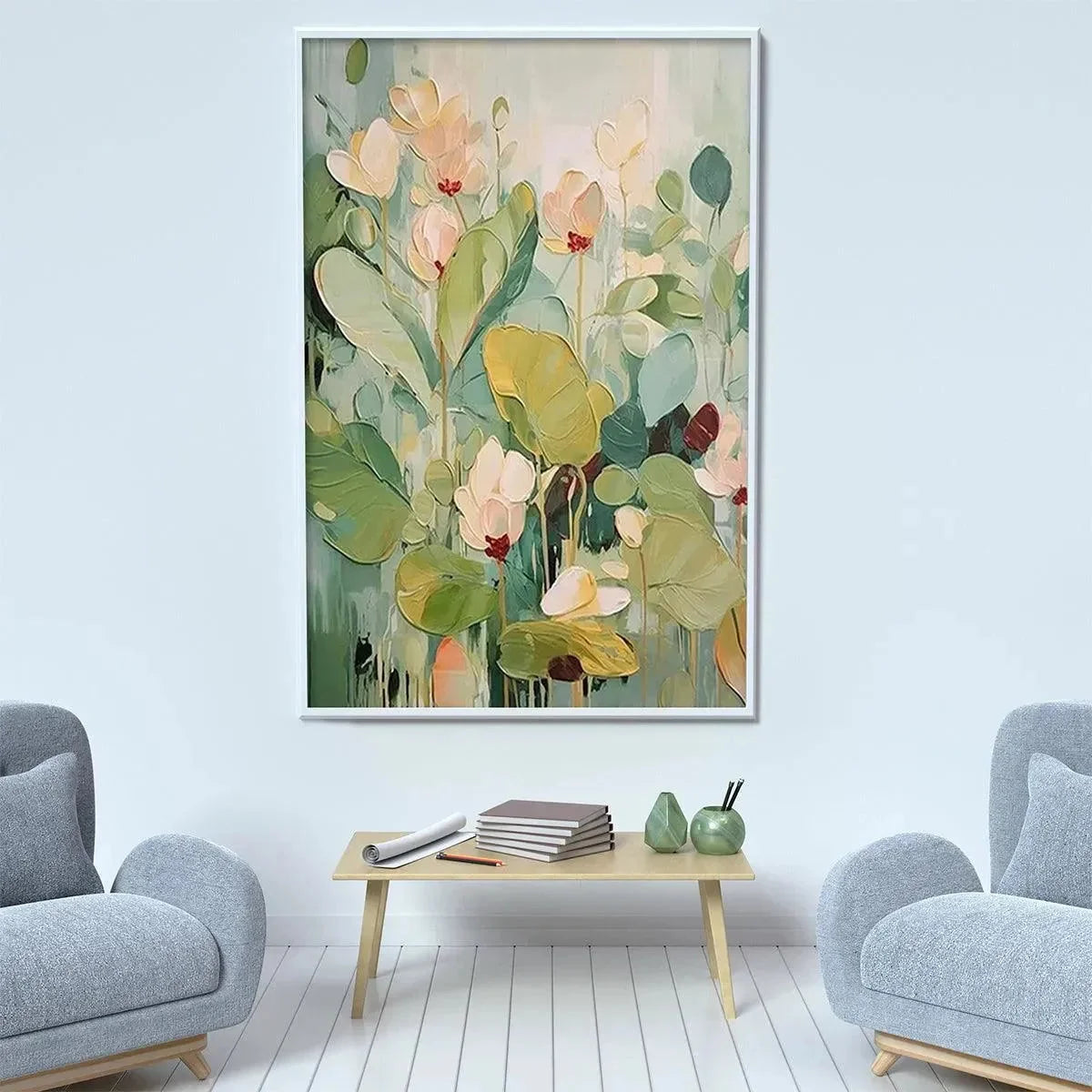 LUSH GARDEN: Textured Floral Painting, Green and White Wall Art, Vertical Canvas, Impressionist Decor | Impressionist closeup, raised brushwork detail
