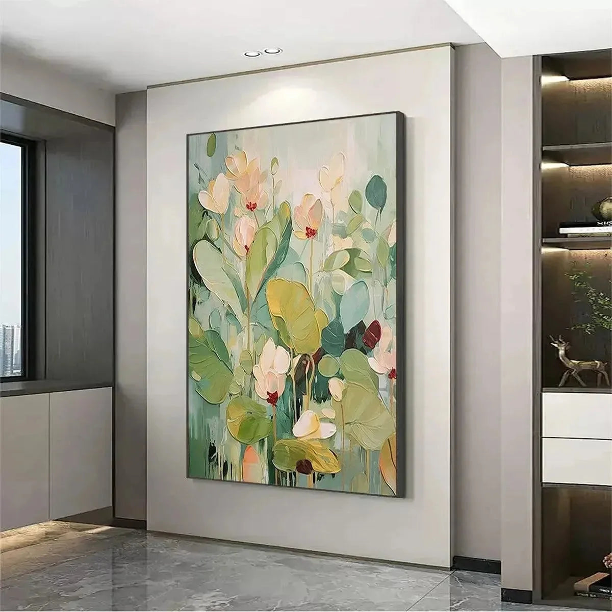 LUSH GARDEN: Textured Floral Painting, Green and White Wall Art, Vertical Canvas, Impressionist Decor | Impressionist mood, soft natural light studio shot