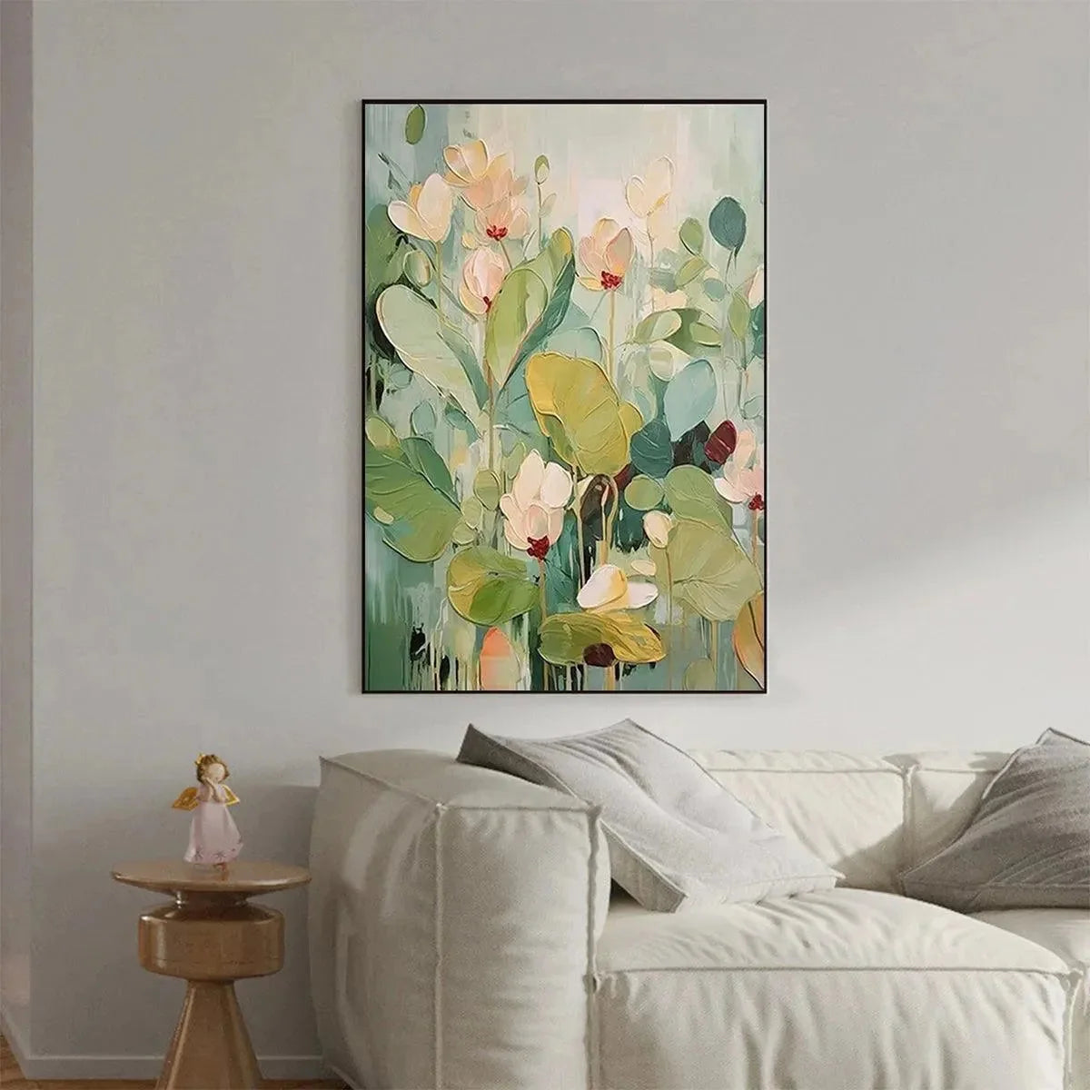 LUSH GARDEN: Textured Floral Painting, Green and White Wall Art, Vertical Canvas, Impressionist Decor | texture detail, palette knife marks visible