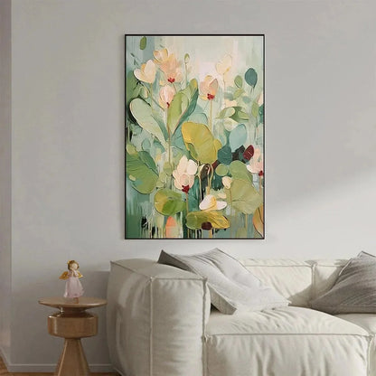 LUSH GARDEN: Textured Floral Painting, Green and White Wall Art, Vertical Canvas, Impressionist Decor | texture detail, palette knife marks visible