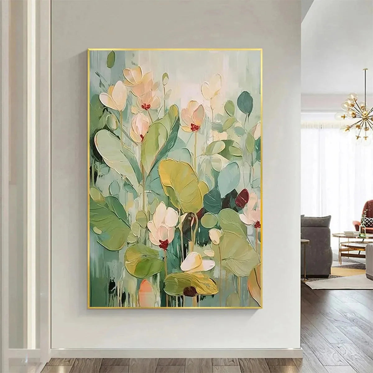 LUSH GARDEN: Textured Floral Painting, Green and White Wall Art, Vertical Canvas, Impressionist Decor | texture detail, palette knife marks visible