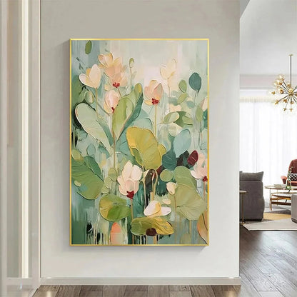 LUSH GARDEN: Textured Floral Painting, Green and White Wall Art, Vertical Canvas, Impressionist Decor | texture detail, palette knife marks visible