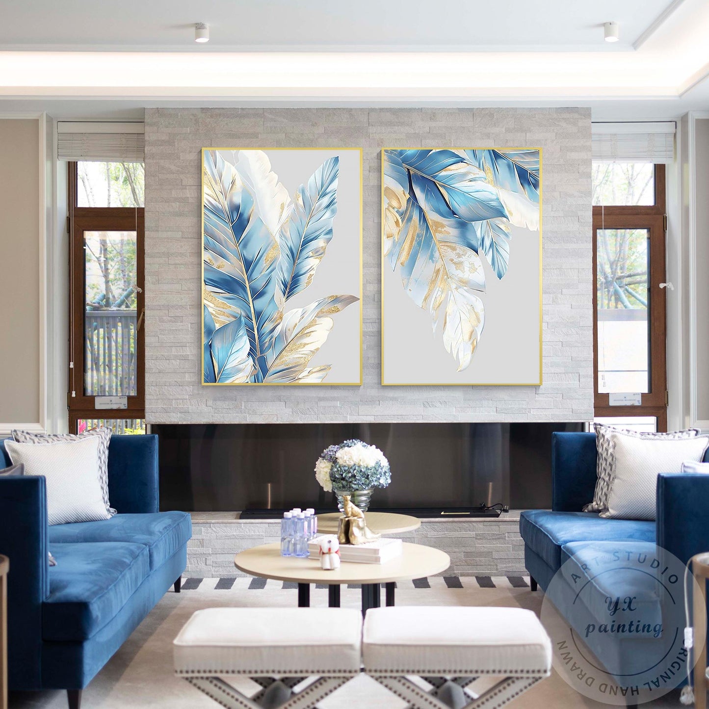 Luxe canvas muurkunst blauw en bladgoud, 2-delige originele abstracte schilderse #11