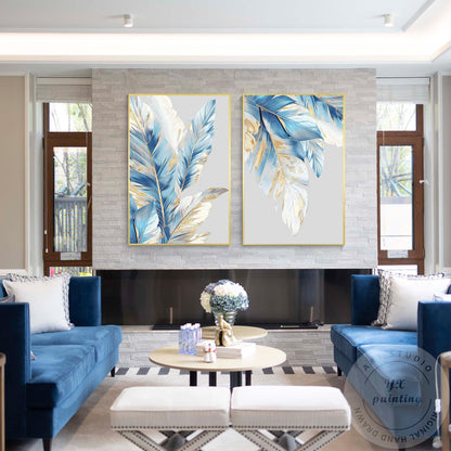 Luxe canvas muurkunst blauw en bladgoud, 2-delige originele abstracte schilderse #11