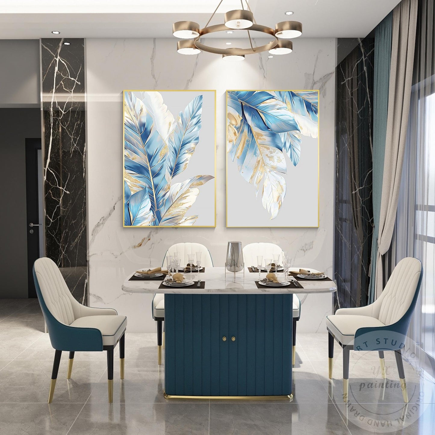 Luxe canvas muurkunst blauw en bladgoud, 2-delige originele abstracte schilderse #12