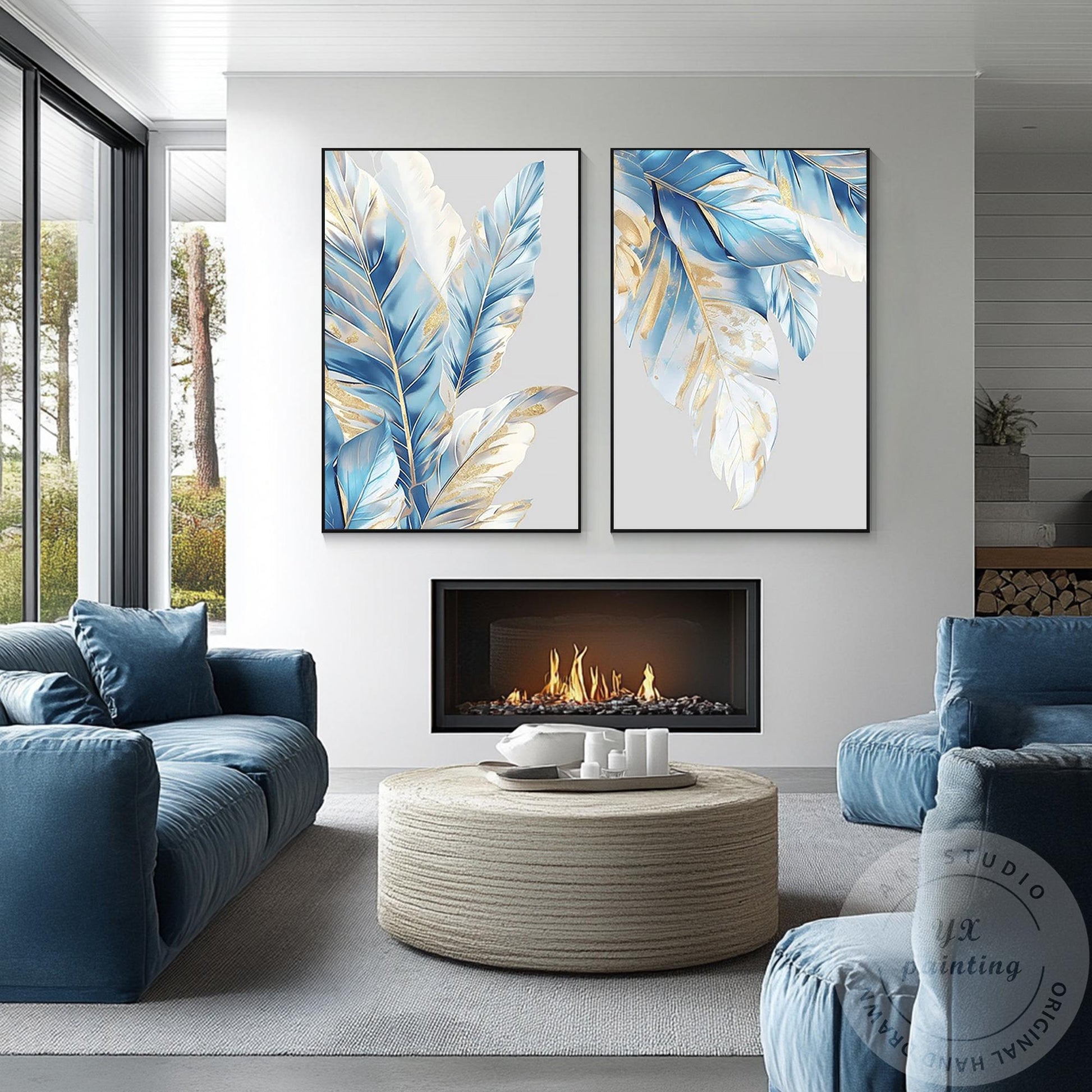 Luxe canvas muurkunst blauw en bladgoud, 2-delige originele abstracte schilderse #13