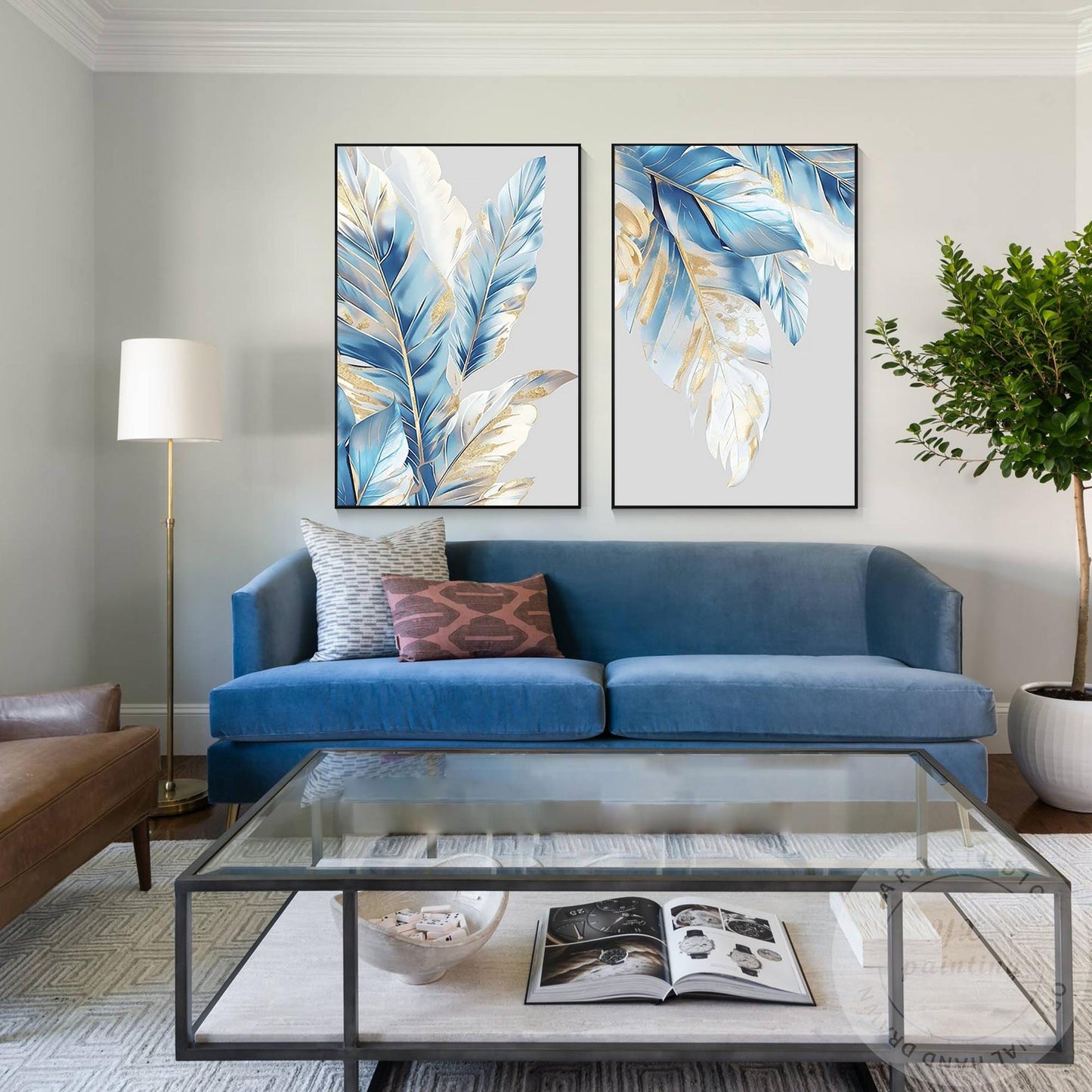 Luxe canvas muurkunst blauw en bladgoud, 2-delige originele abstracte schilderse #14