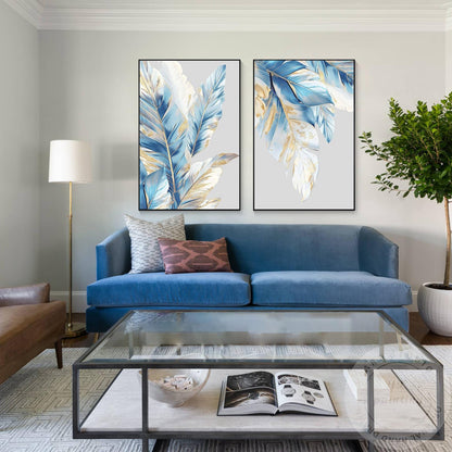 Luxe canvas muurkunst blauw en bladgoud, 2-delige originele abstracte schilderse #14