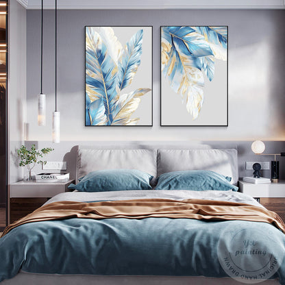 Luxe canvas muurkunst blauw en bladgoud, 2-delige originele abstracte schilderse #15