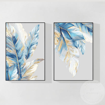 Luxe canvas muurkunst blauw en bladgoud, 2-delige originele abstracte schilderse #17