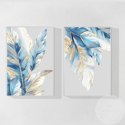Luxe canvas muurkunst blauw en bladgoud, 2-delige originele abstracte schilderse #20