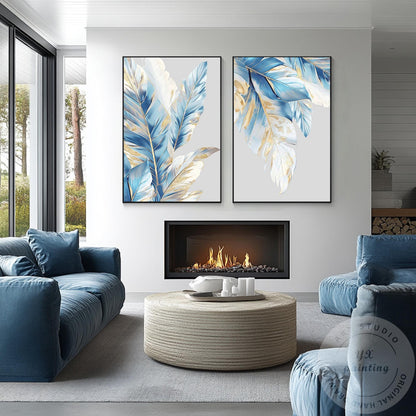 Luxe canvas muurkunst blauw en bladgoud, 2-delige originele abstracte schilderse #3