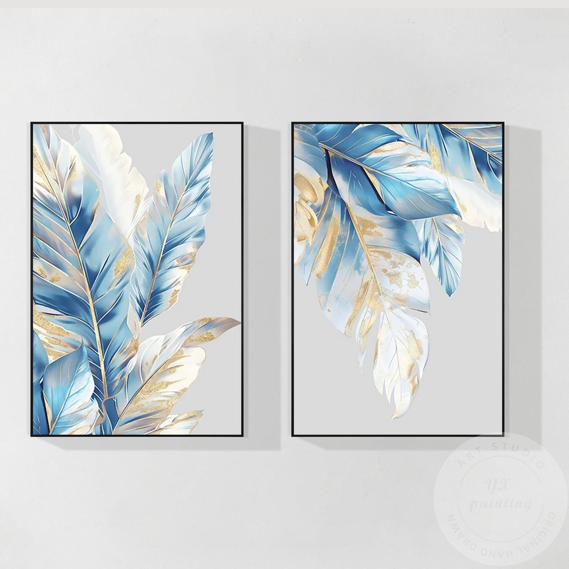 Luxe canvas muurkunst blauw en bladgoud, 2-delige originele abstracte schilderse #7