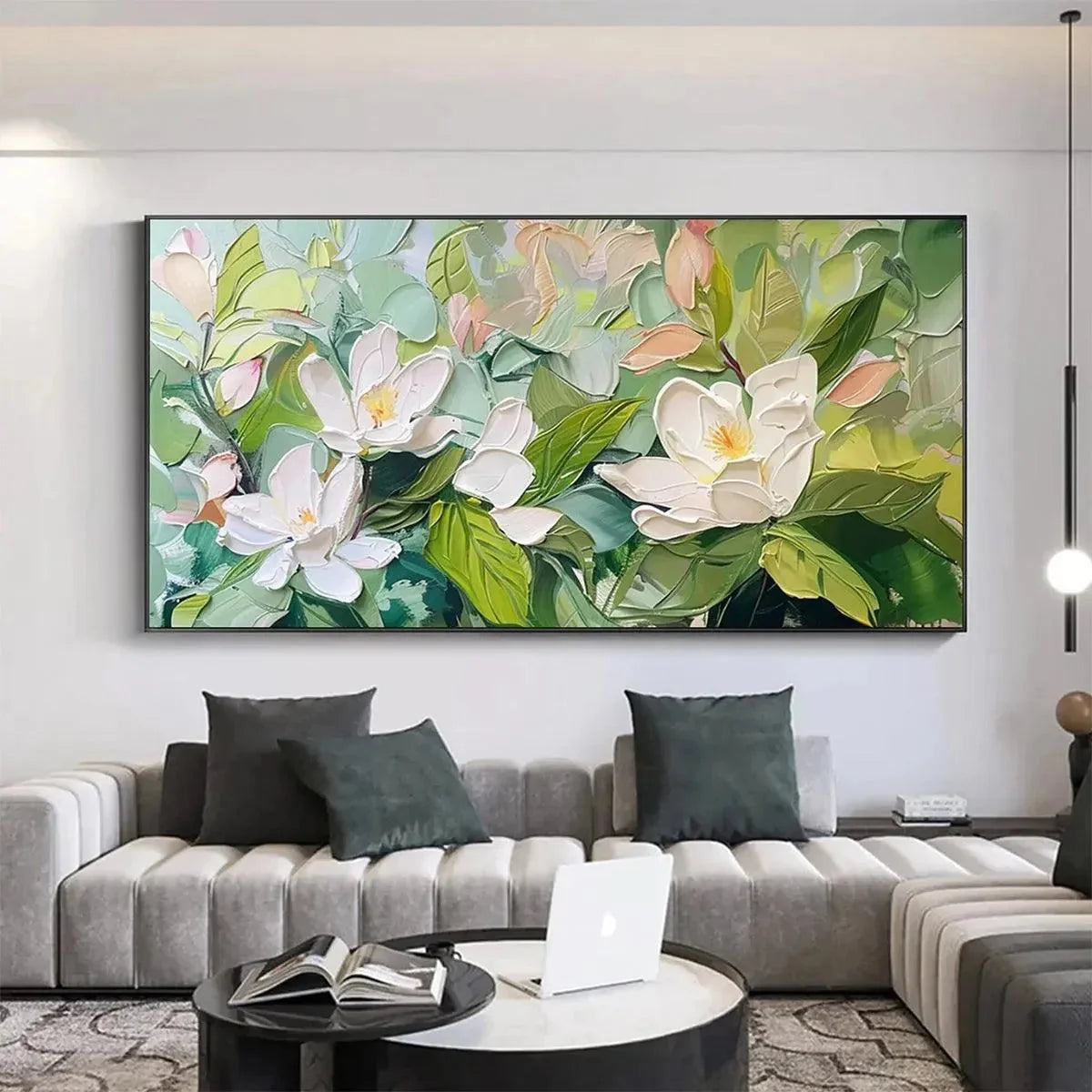 MAGNOLIA BLOSSOMS: Textured Floral Painting, Impasto Wall Art, Horizontal Canvas, Magnolia Decor | Abstract closeup, raised brushwork detail