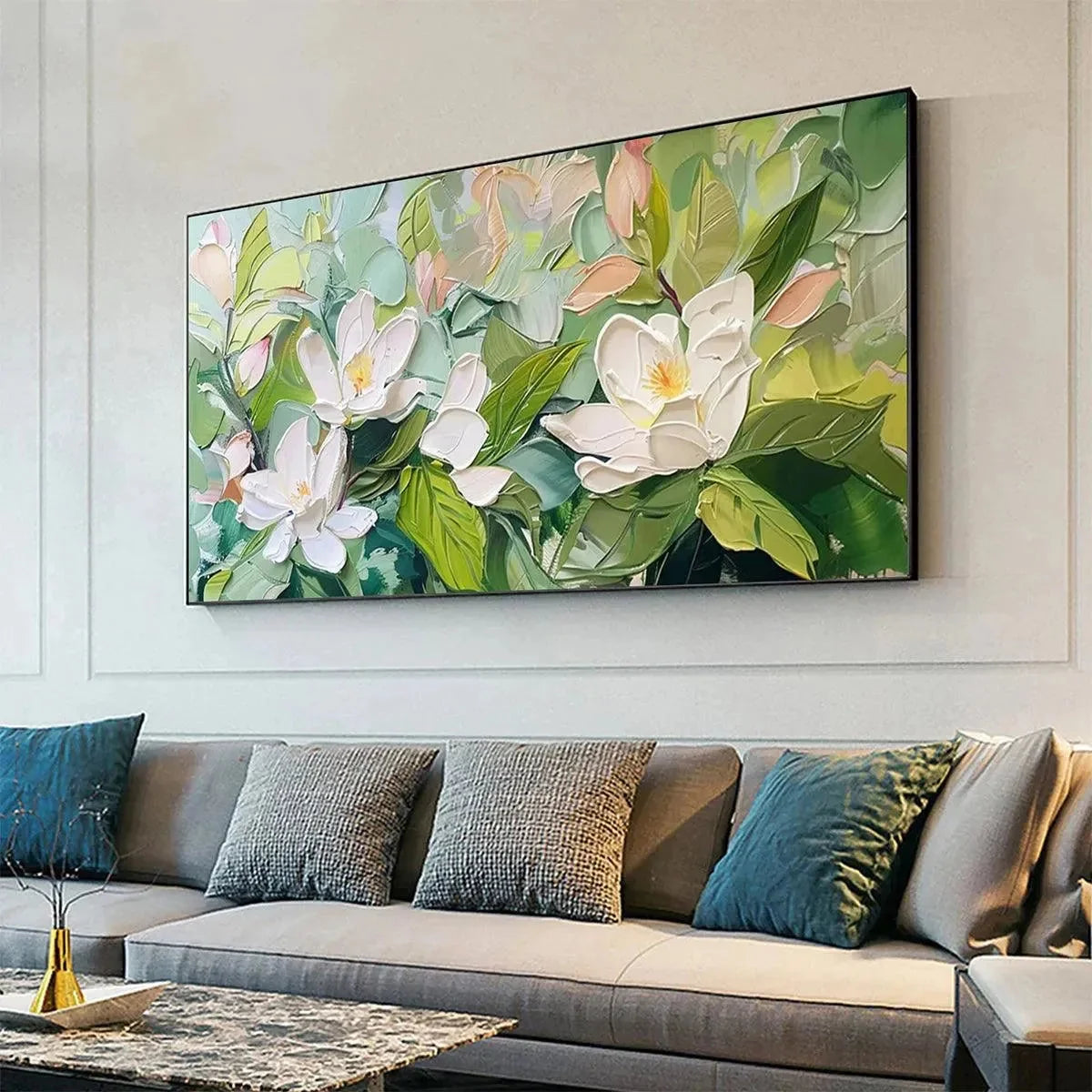 MAGNOLIA BLOSSOMS: Textured Floral Painting, Impasto Wall Art, Horizontal Canvas, Magnolia Decor | gold frame stretched on neutral wall