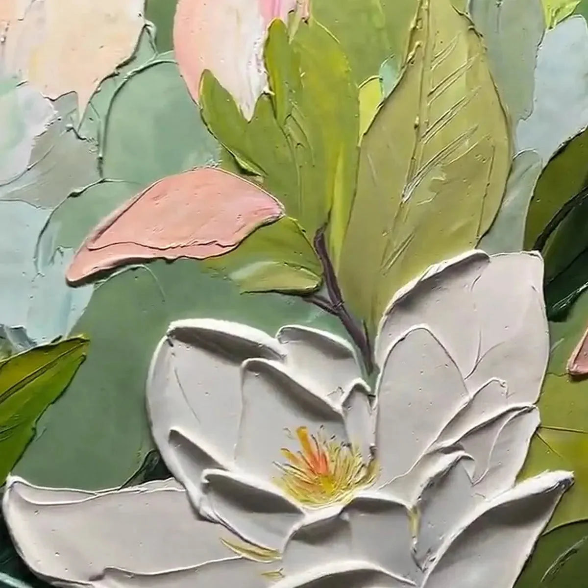 MAGNOLIA BLOSSOMS: Textured Floral Painting, Impasto Wall Art, Horizontal Canvas, Magnolia Decor | black frame version on white wall