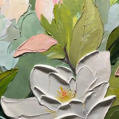 MAGNOLIA BLOSSOMS: Textured Floral Painting, Impasto Wall Art, Horizontal Canvas, Magnolia Decor | black frame version on white wall