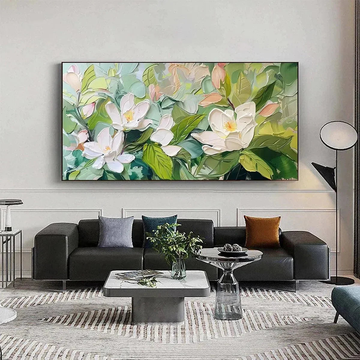 MAGNOLIA BLOSSOMS: Textured Floral Painting, Impasto Wall Art, Horizontal Canvas, Magnolia Decor | Abstract mood, soft natural light studio shot