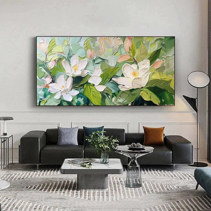 MAGNOLIA BLOSSOMS: Textured Floral Painting, Impasto Wall Art, Horizontal Canvas, Magnolia Decor | Abstract mood, soft natural light studio shot