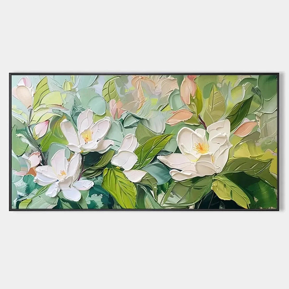 MAGNOLIA BLOSSOMS: Textured Floral Painting, Impasto Wall Art, Horizontal Canvas, Magnolia Decor | hanging in living room, Abstract wall art