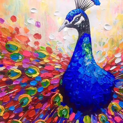 MAJESTIC PEACOCK: Vibrant Peacock Painting on Canvas | rectangular format, hand-painted canvas edge