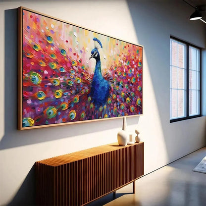 MAJESTIC PEACOCK: Vibrant Peacock Painting on Canvas | gold frame stretched on neutral wall