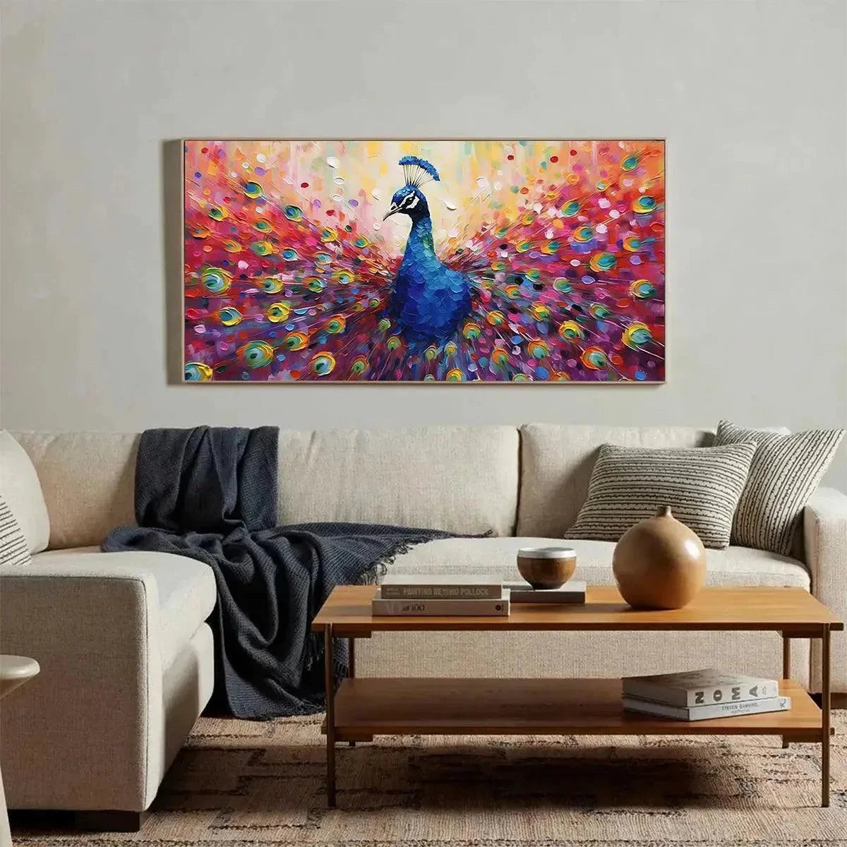 MAJESTIC PEACOCK: Vibrant Peacock Painting on Canvas | black frame version on white wall