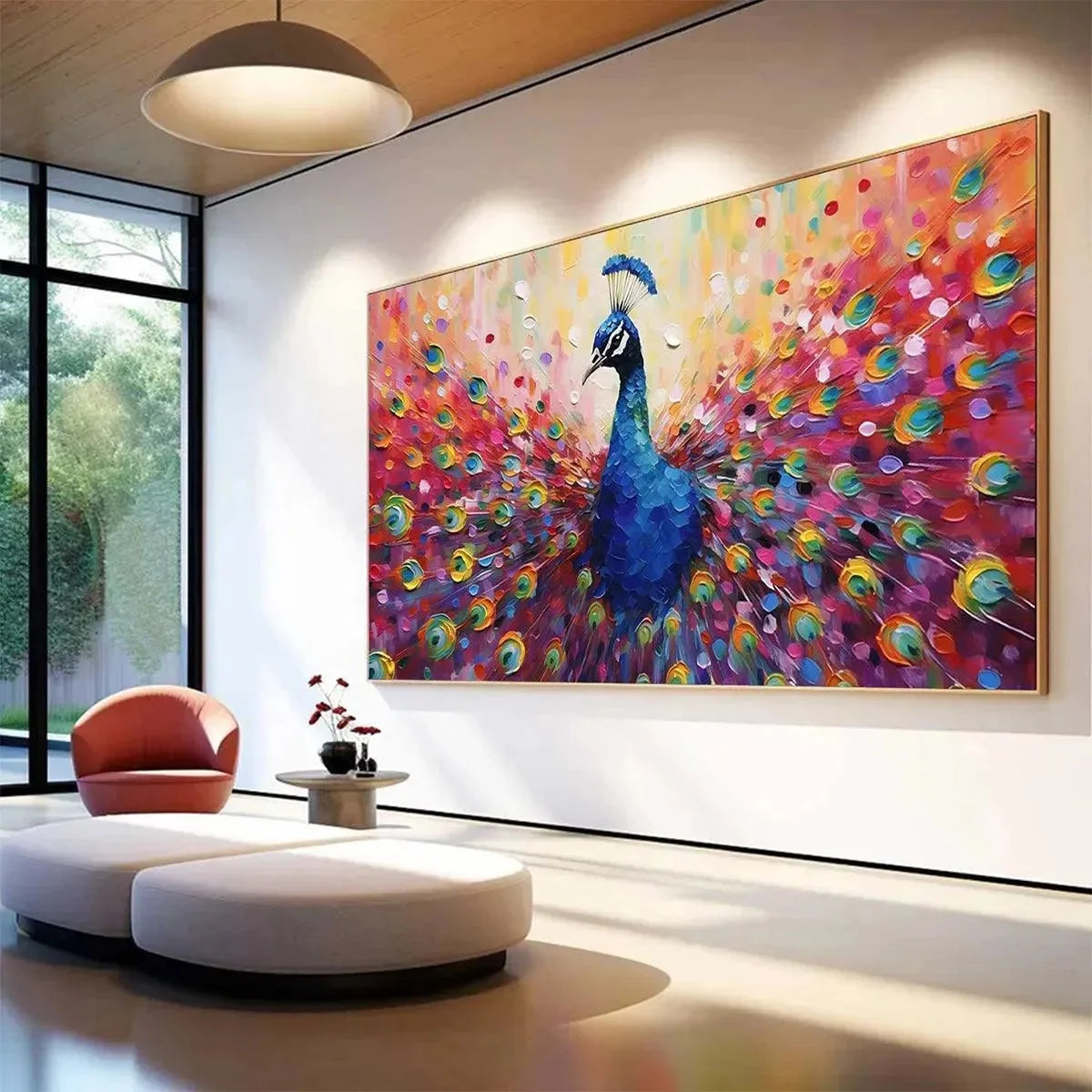 MAJESTIC PEACOCK: Vibrant Peacock Painting on Canvas | Abstract mood, soft natural light studio shot