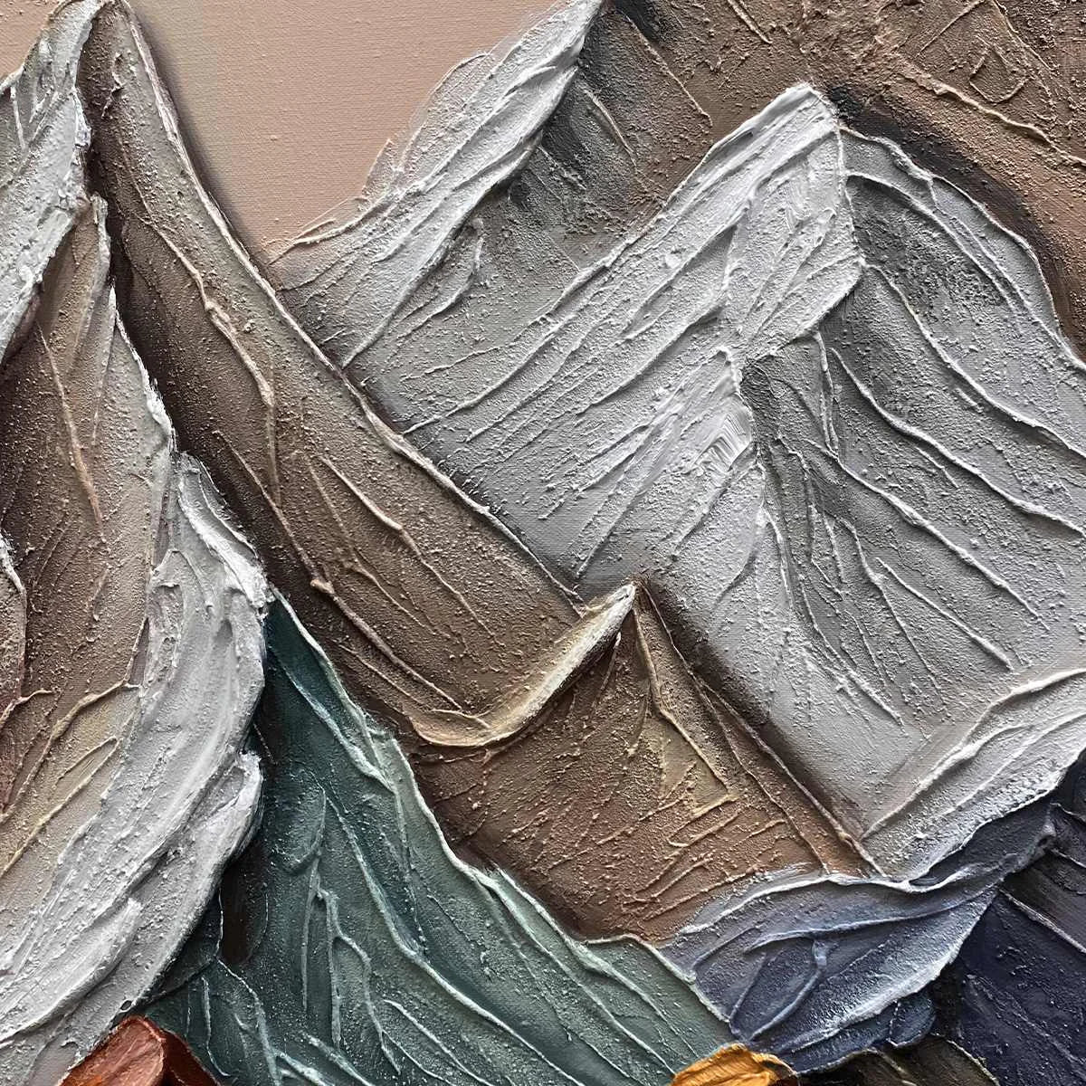 MAJESTIC PEAKS: Textured Impasto Mountain Landscape Painting in Earthy Tones | rectangular format, hand-painted canvas edge