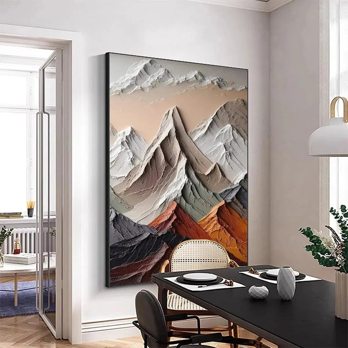 MAJESTIC PEAKS: Textured Impasto Mountain Landscape Painting in Earthy Tones | gold frame stretched on neutral wall