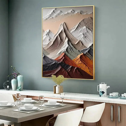 MAJESTIC PEAKS: Textured Impasto Mountain Landscape Painting in Earthy Tones | black frame version on white wall