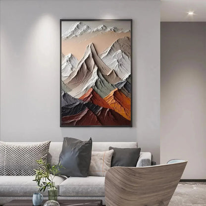 MAJESTIC PEAKS: Textured Impasto Mountain Landscape Painting in Earthy Tones | Landscape mood, soft natural light studio shot