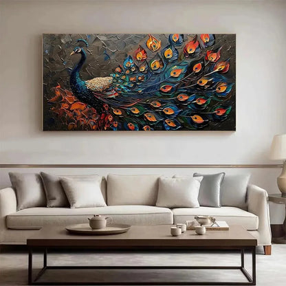 MAJESTIC PLUMAGE: Textured Peacock Painting, Impasto Wall Art, Horizontal Canvas, Animal Decor | Abstract closeup, raised brushwork detail