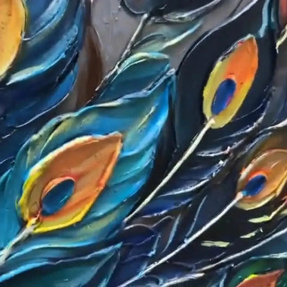 MAJESTIC PLUMAGE: Textured Peacock Painting, Impasto Wall Art, Horizontal Canvas, Animal Decor | rectangular format, hand-painted canvas edge