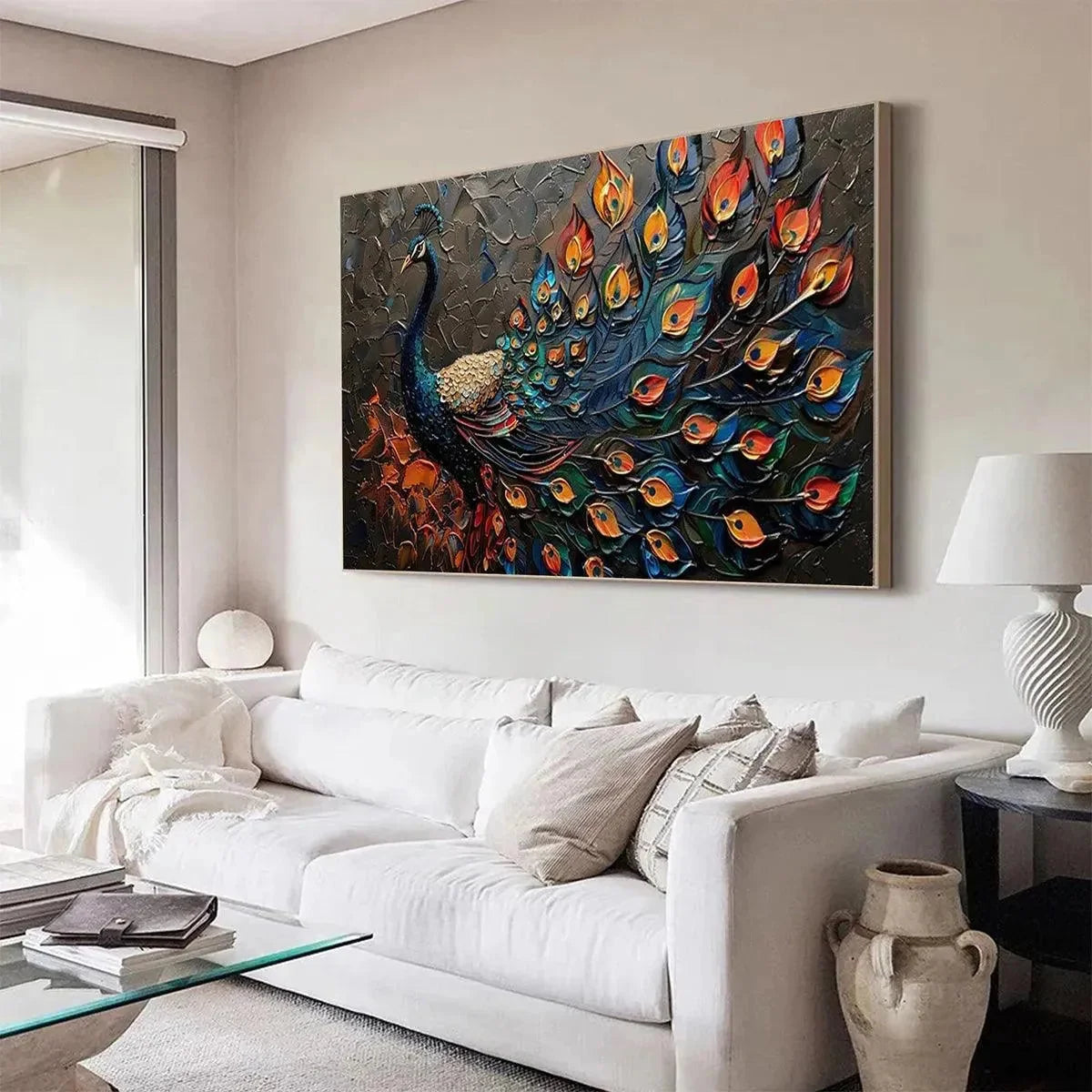 MAJESTIC PLUMAGE: Textured Peacock Painting, Impasto Wall Art, Horizontal Canvas, Animal Decor | gold frame stretched on neutral wall