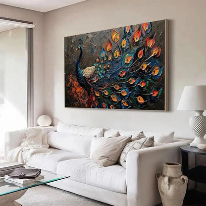 MAJESTIC PLUMAGE: Textured Peacock Painting, Impasto Wall Art, Horizontal Canvas, Animal Decor | gold frame stretched on neutral wall