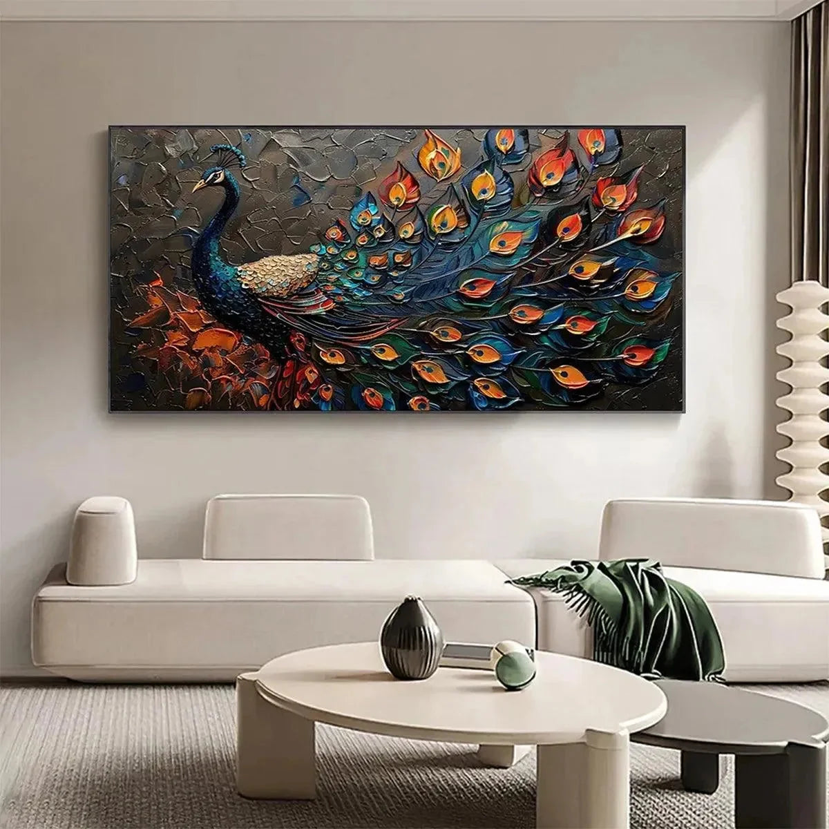 MAJESTIC PLUMAGE: Textured Peacock Painting, Impasto Wall Art, Horizontal Canvas, Animal Decor | rolled canvas, ready for custom framing