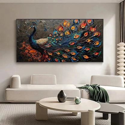 MAJESTIC PLUMAGE: Textured Peacock Painting, Impasto Wall Art, Horizontal Canvas, Animal Decor | rolled canvas, ready for custom framing