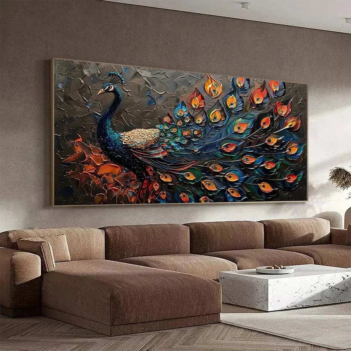 MAJESTIC PLUMAGE: Textured Peacock Painting, Impasto Wall Art, Horizontal Canvas, Animal Decor | black frame version on white wall
