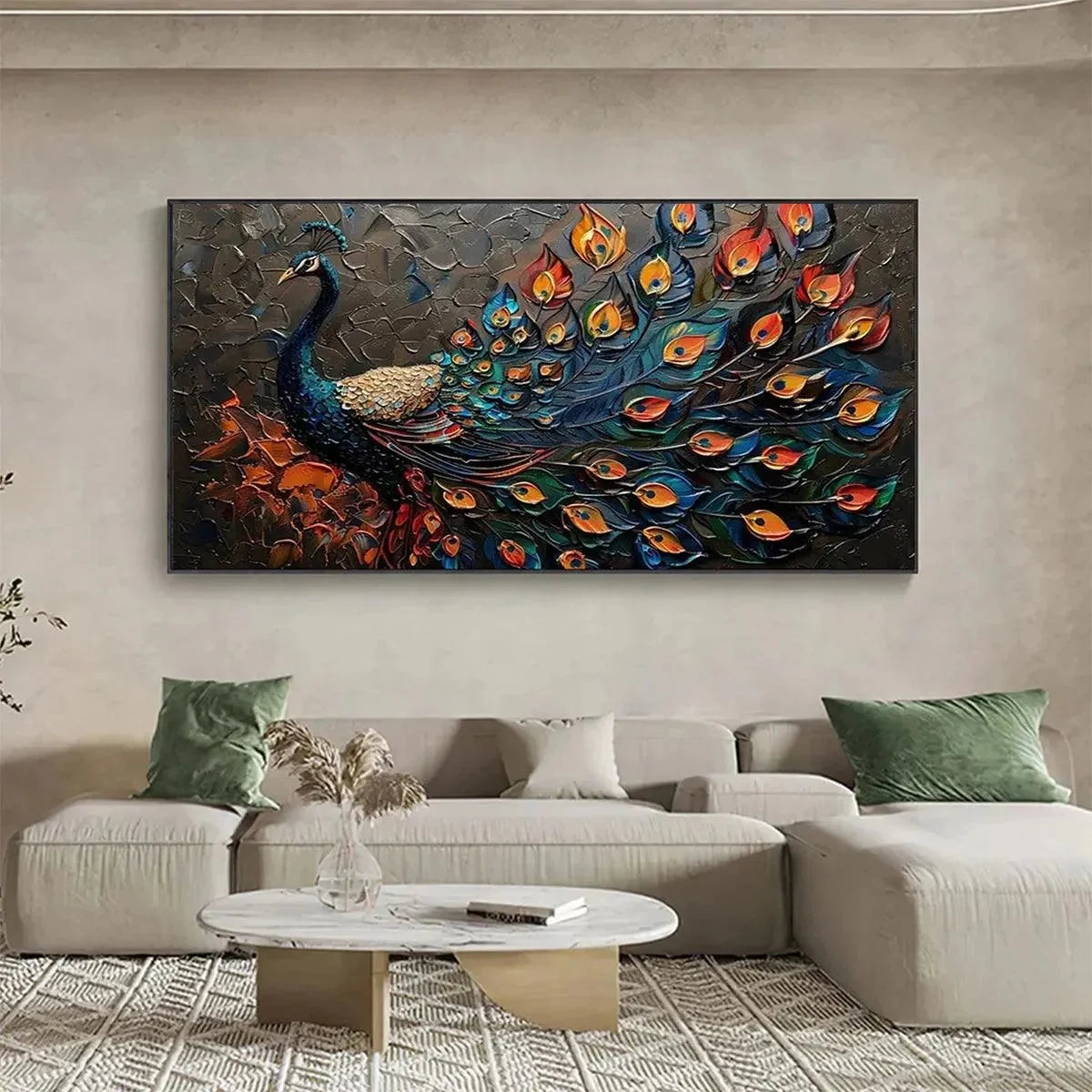 MAJESTIC PLUMAGE: Textured Peacock Painting, Impasto Wall Art, Horizontal Canvas, Animal Decor | Abstract mood, soft natural light studio shot