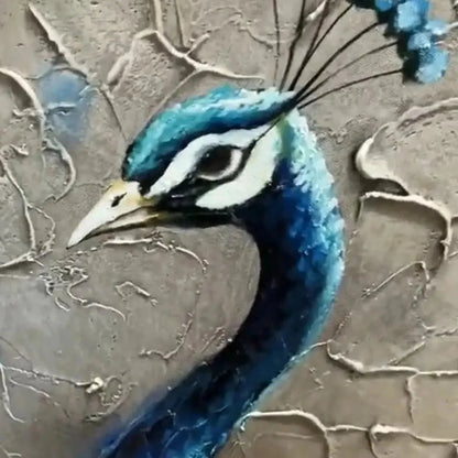 MAJESTIC PLUMAGE: Textured Peacock Painting, Impasto Wall Art, Horizontal Canvas, Animal Decor | multi-color palette, original oil on stretched canvas art