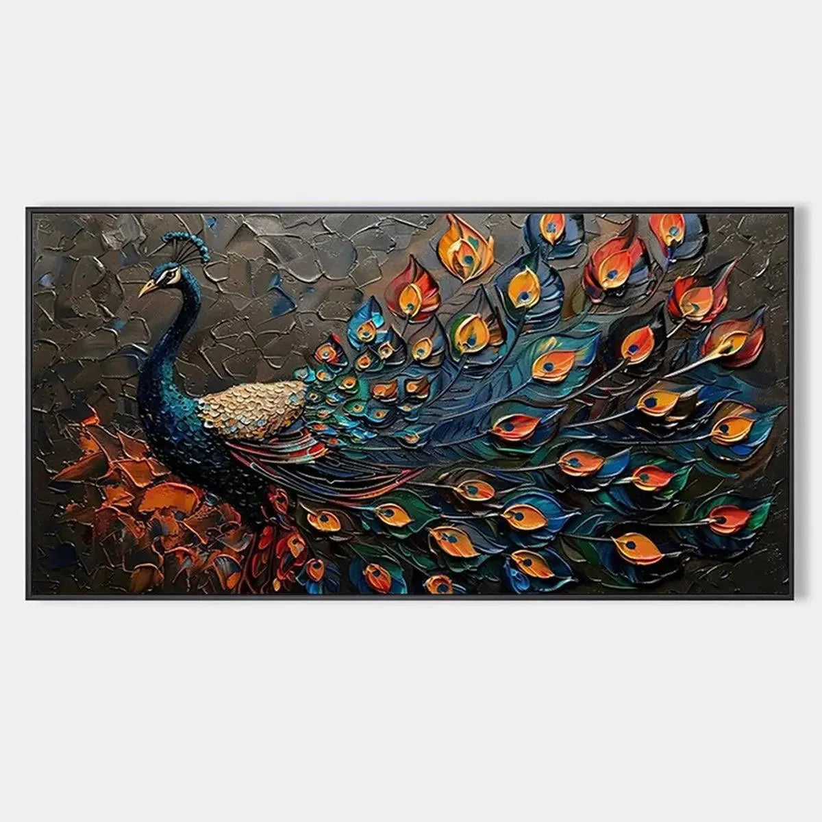 MAJESTIC PLUMAGE: Textured Peacock Painting, Impasto Wall Art, Horizontal Canvas, Animal Decor | hanging in living room, Abstract wall art