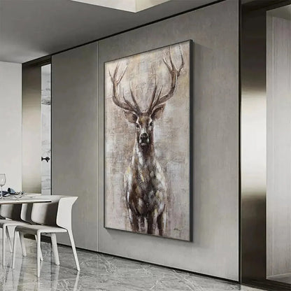 MAJESTIC STAG: Textured Stag Painting, Vertical Wall Art | black frame version on white wall